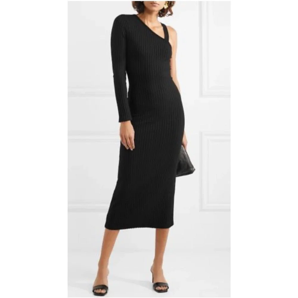 One Shoulder Dress Long Sleeve Ribbed Knit Bodycon‎ Midi Dress - Picture 3 of 9